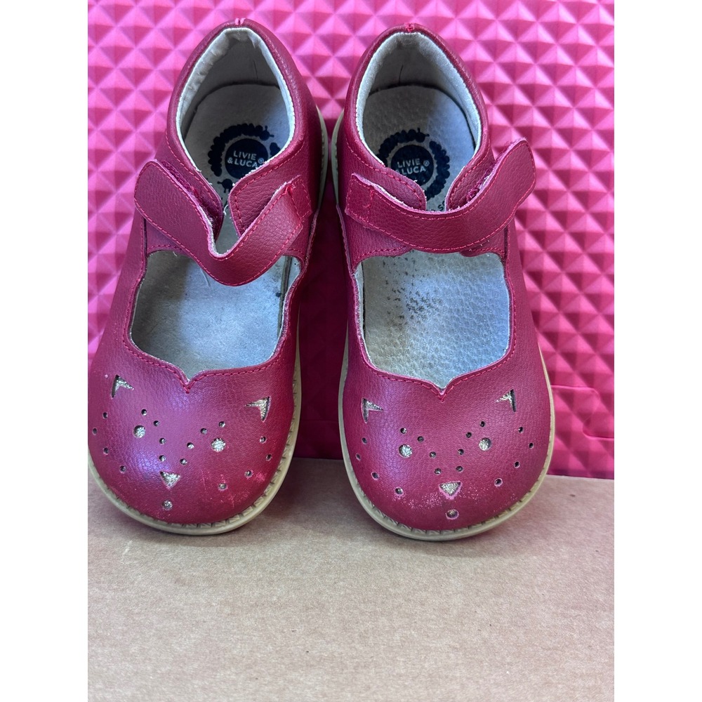 Livie & Luca Girls Red Leather Cat Face Mary Jane Shoes Size 10 Berry Pink